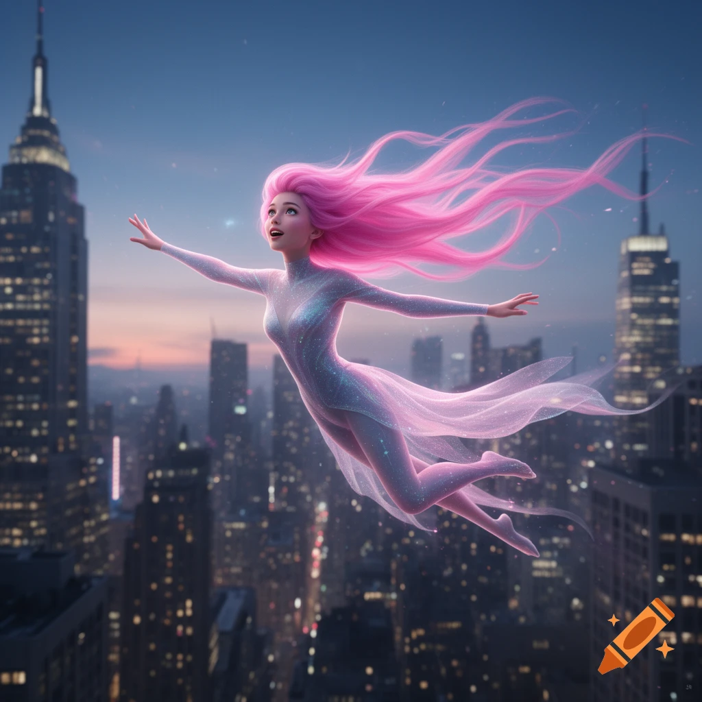 A vibrant digital art image of a pink-haired woman with a glittering outfit flying gracefully over a nighttime city skyline.