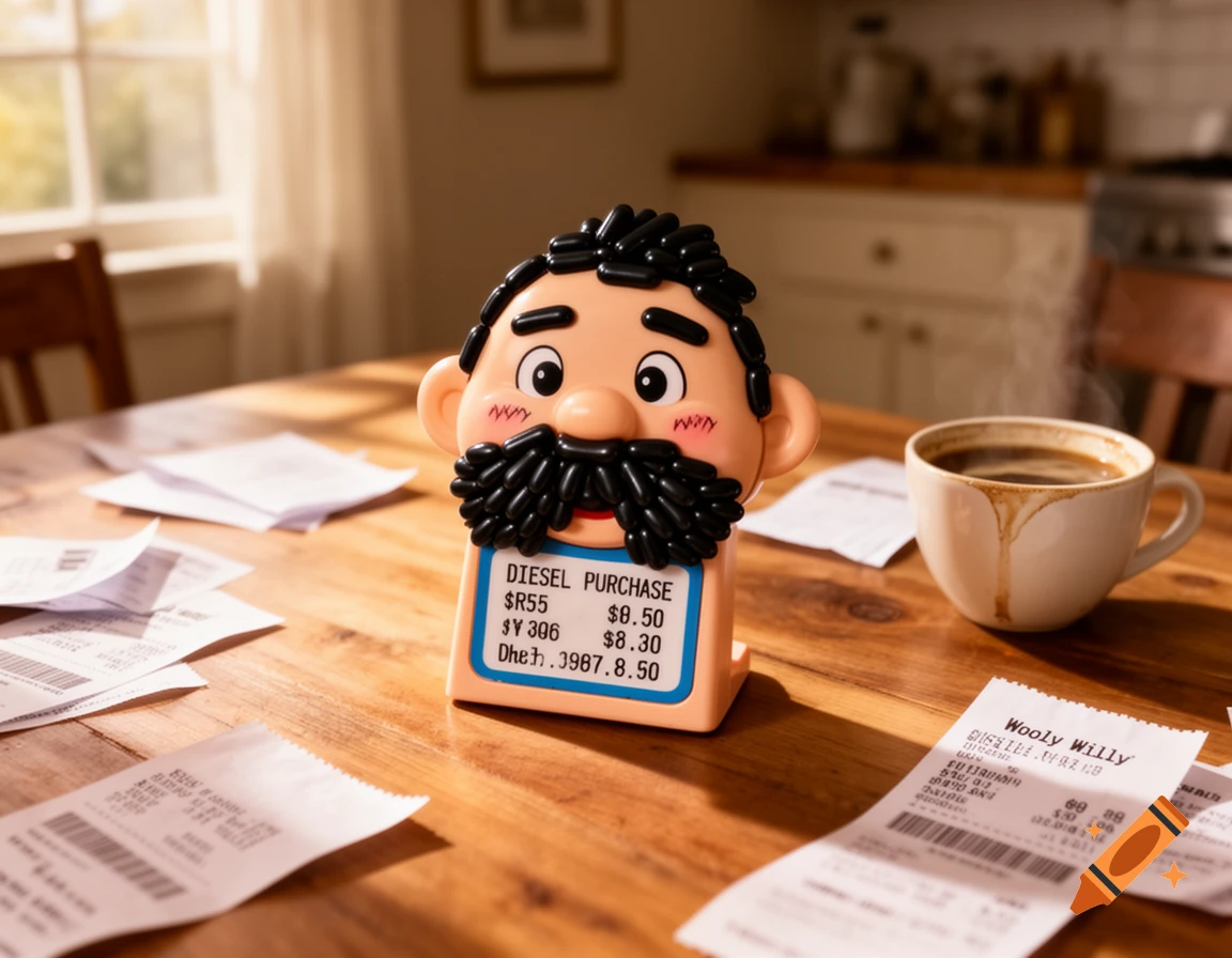 A Wooly Willy toy with "DIESEL PURCHASE" and prices written with magnetic pieces, surrounded by receipts and a coffee cup on a wooden table.