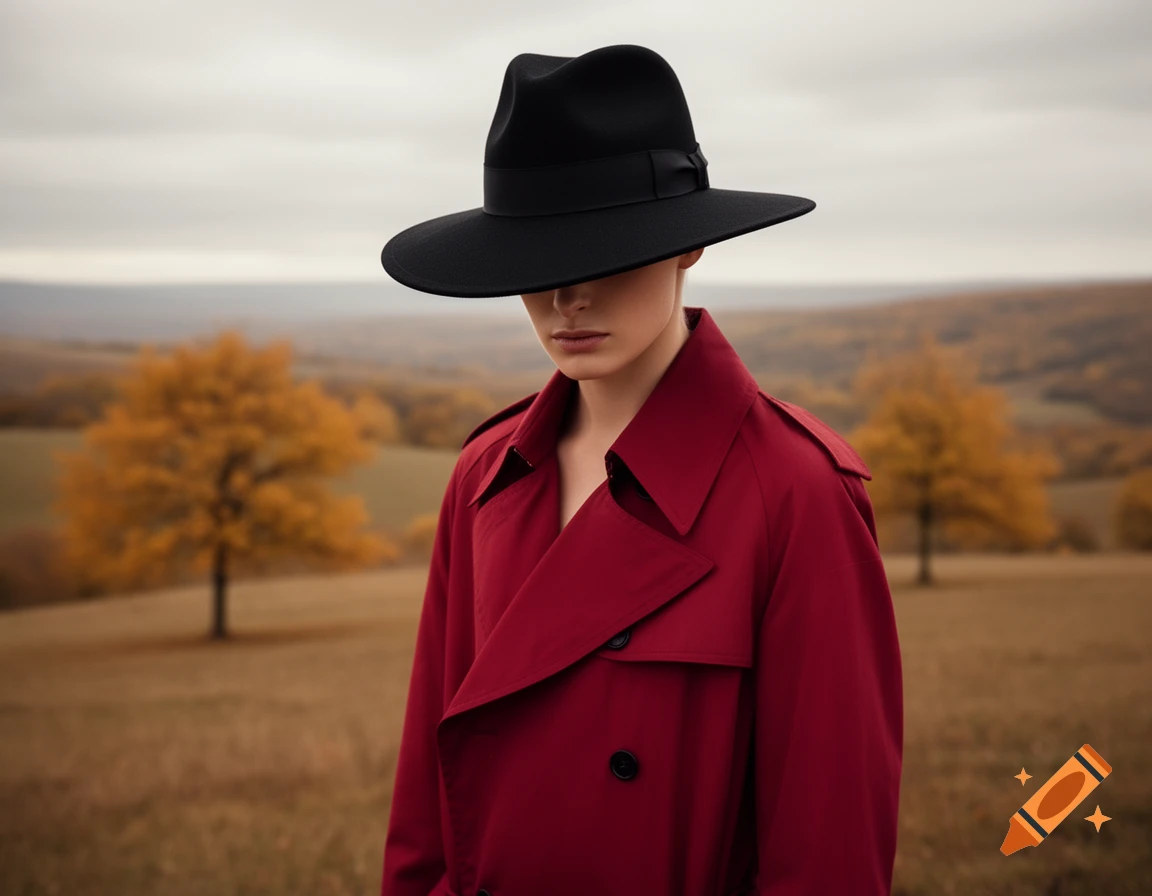 A person in a red trench coat and a black wide-brimmed hat stands in a field with golden autumn trees.