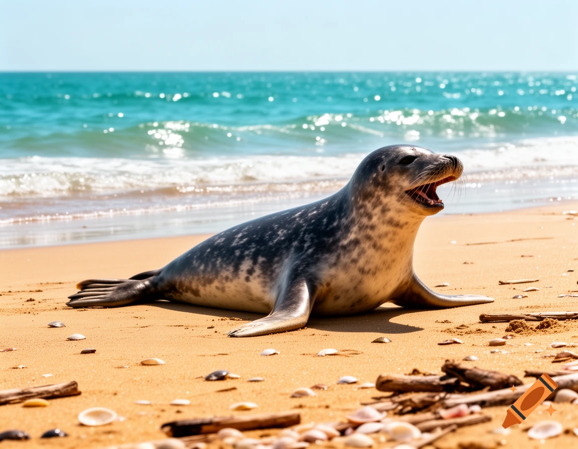 A photorealistic image of a seal with its mouth open, basking on a sandy beach with seashells and driftwood near the ocean.