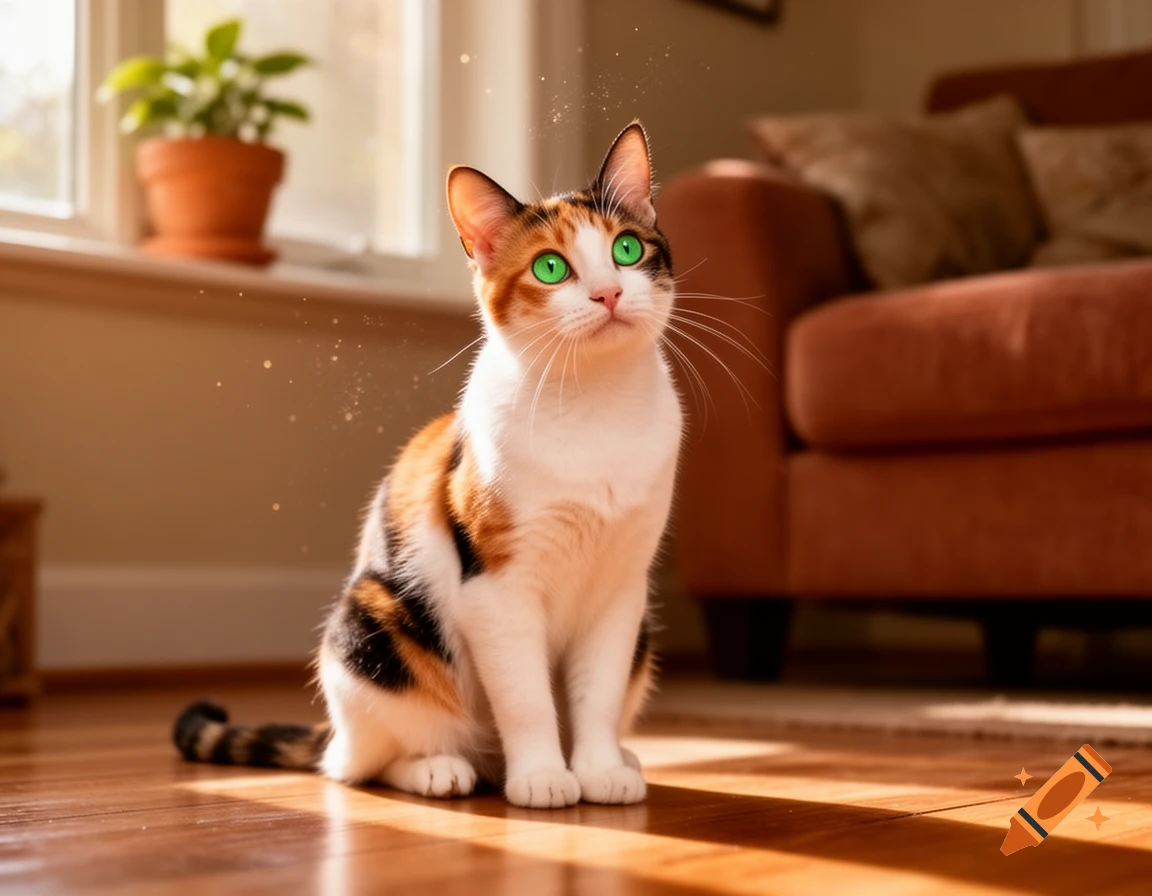 A calico cat with bright green eyes sits on a wooden floor, looking up in a sunlit room.