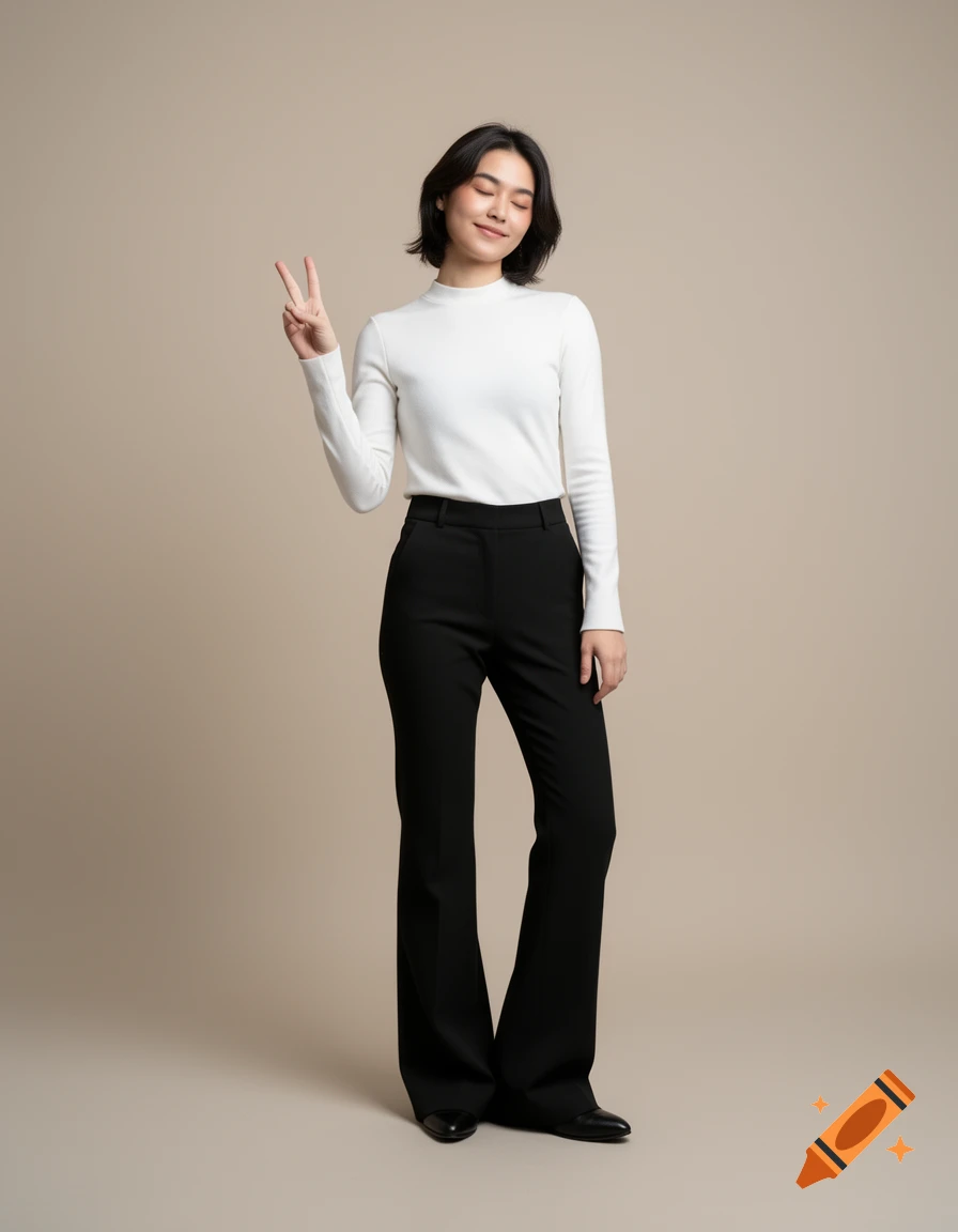 Photorealistic portrait of a short-haired woman in a white top and black flared pants making a peace sign.