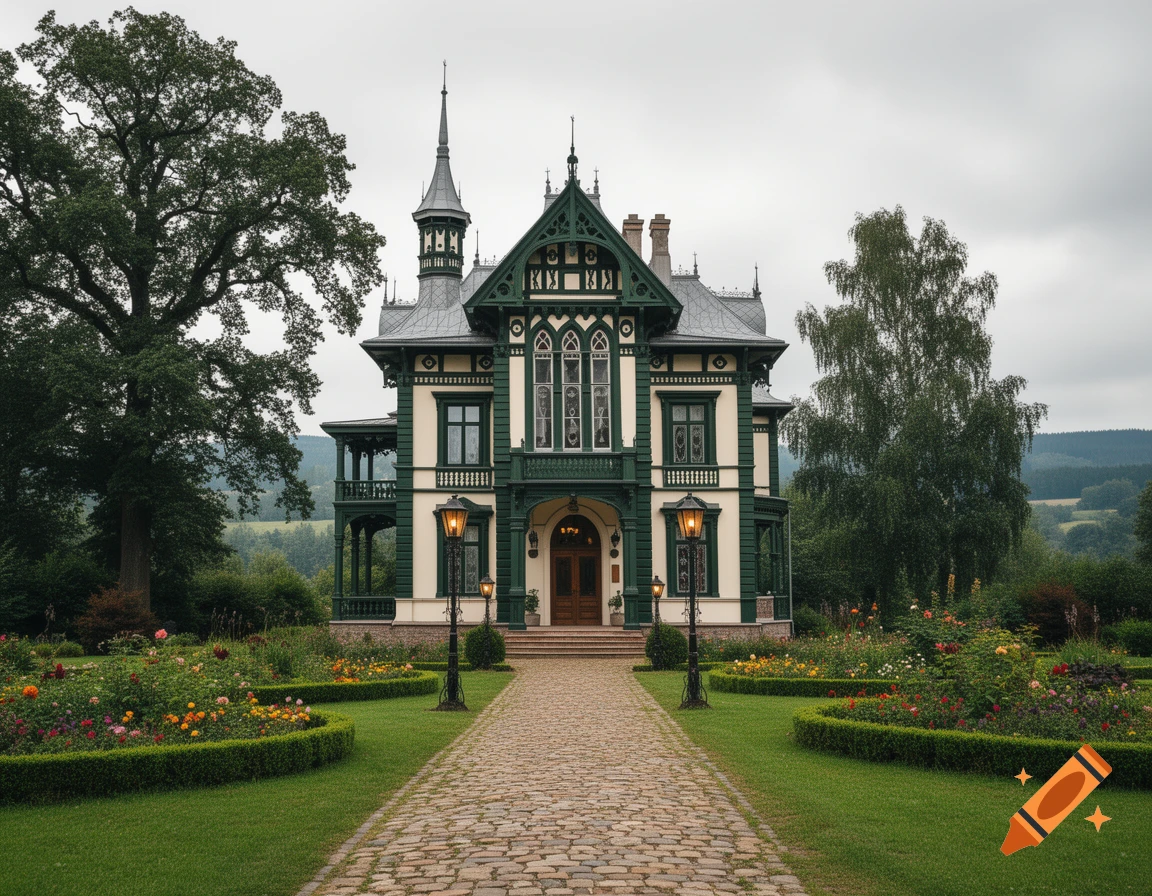 A grand Victorian house with dark green trim and light walls, centered on a cobblestone path through a formal garden with colorful flowers, under a cloudy sky.