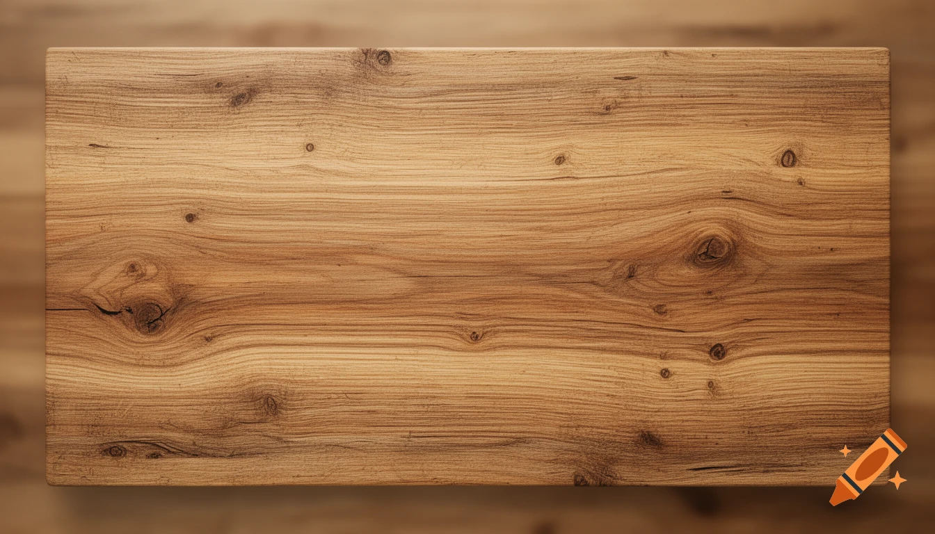 Overhead view of a rectangular wooden board with natural grain and knots on a blurred wooden background.