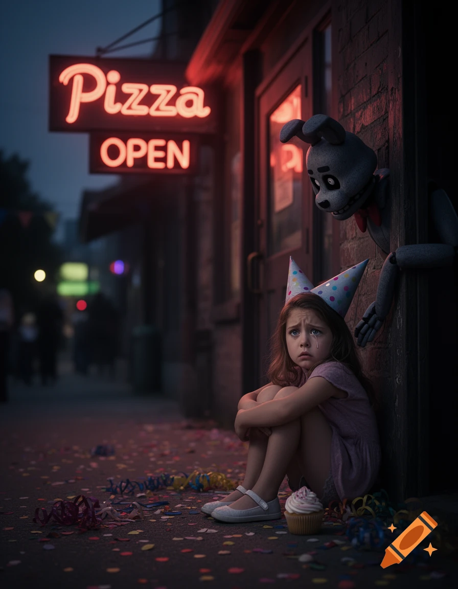A crying little girl in a party hat sits on confetti-strewn ground outside a dark pizzeria at night, an animatronic peeks from the doorway.