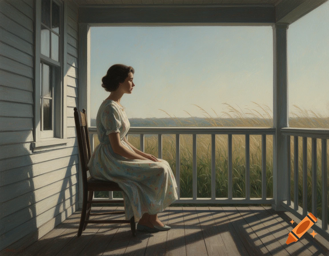 A woman in a light dress sits on a porch, gazing out at a sunlit field of tall grass in an Edward Hopper-inspired painting.