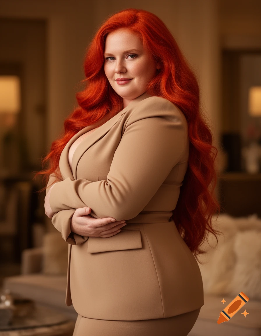 Photorealistic portrait of a smiling red-haired woman in a tan pantsuit, arms crossed.