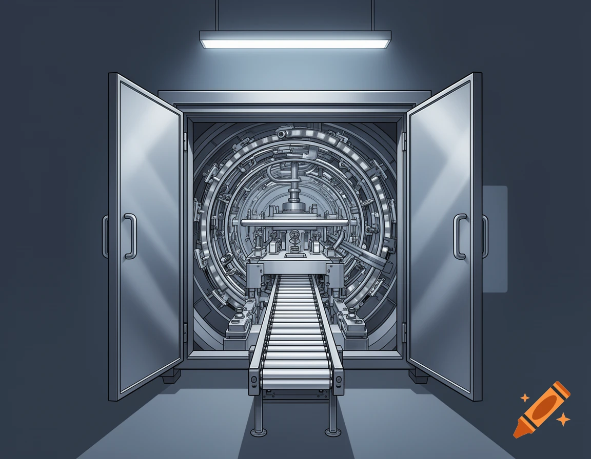A stylized illustration of a large tunnel boring machine with its metal doors open, revealing intricate circular mechanics and a conveyor belt.