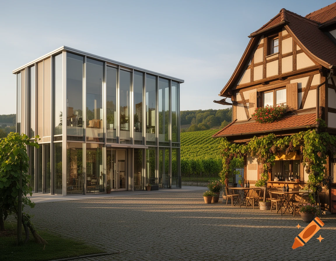 A modern glass building stands beside a traditional half-timbered house with outdoor tables, backed by a lush vineyard under a clear sky.