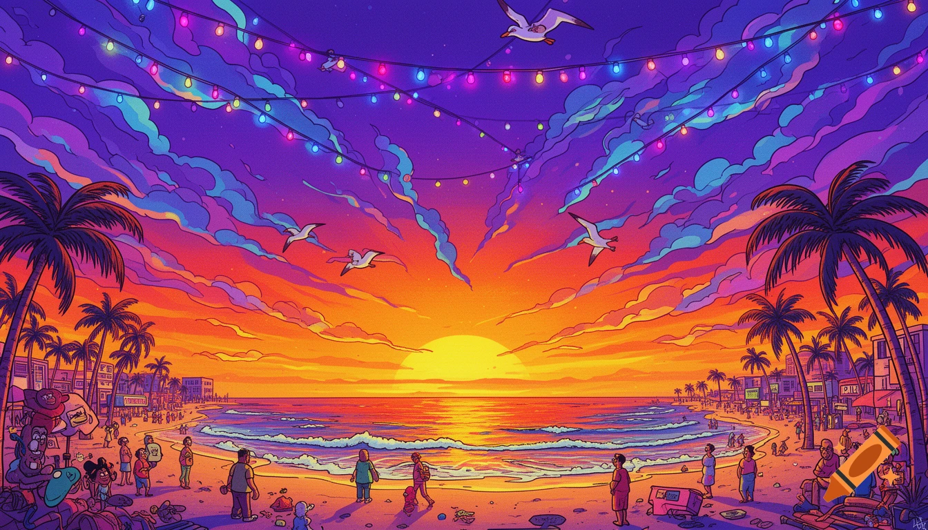 Vibrant cartoon mural of a crowded Miami-style beach at sunset, with palm trees, buildings, and colorful string lights under a purple and orange sky.