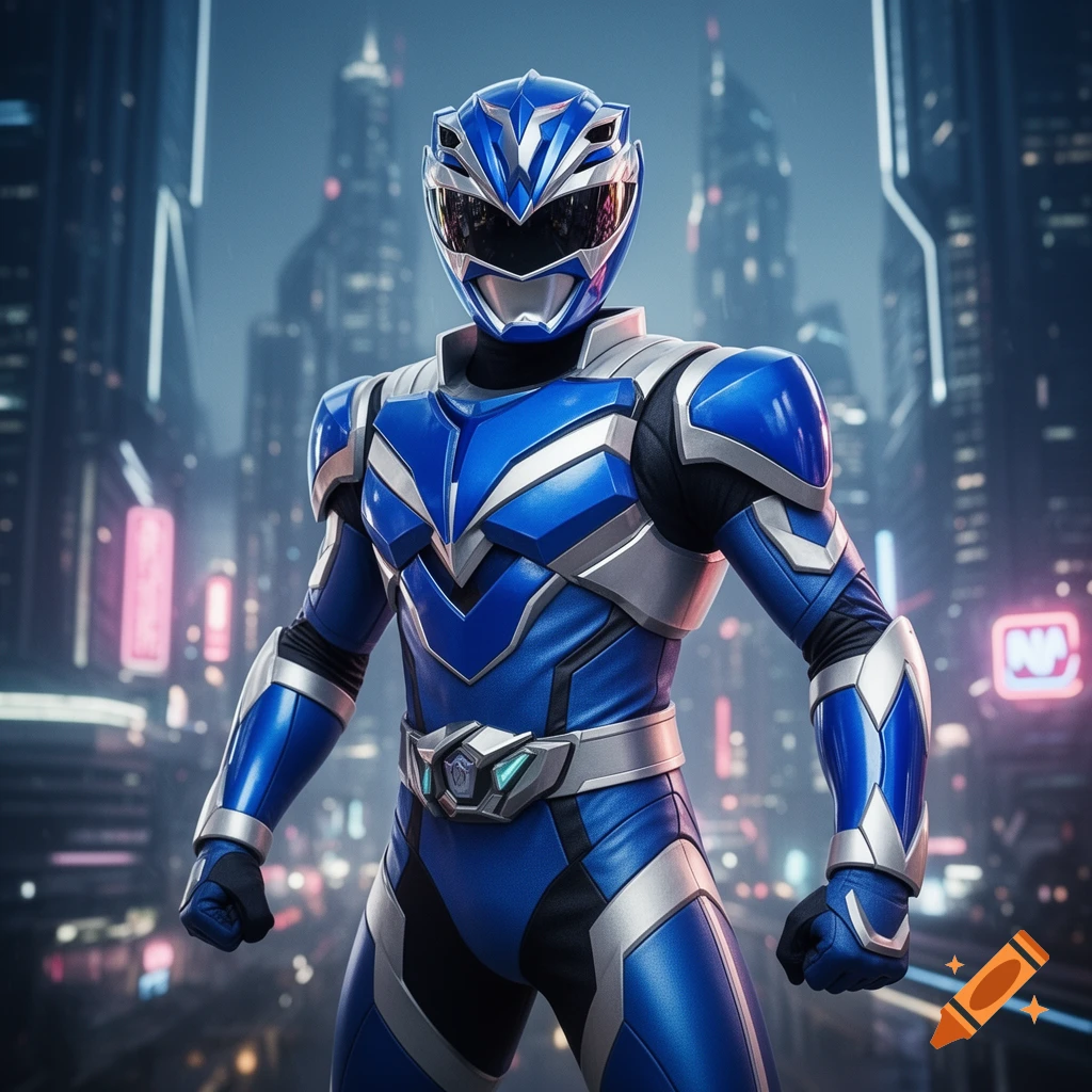 A photorealistic depiction of a blue armored superhero, reminiscent of a Power Ranger, standing in a futuristic city.