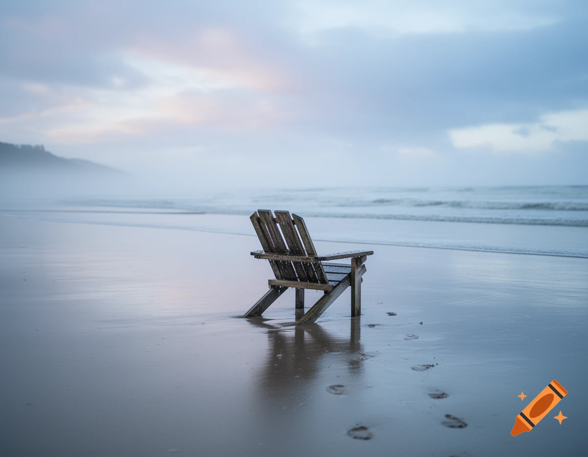 A wooden chair sits on a wet, sandy beach with footprints leading away, under a cloudy sky with ocean waves in the background.