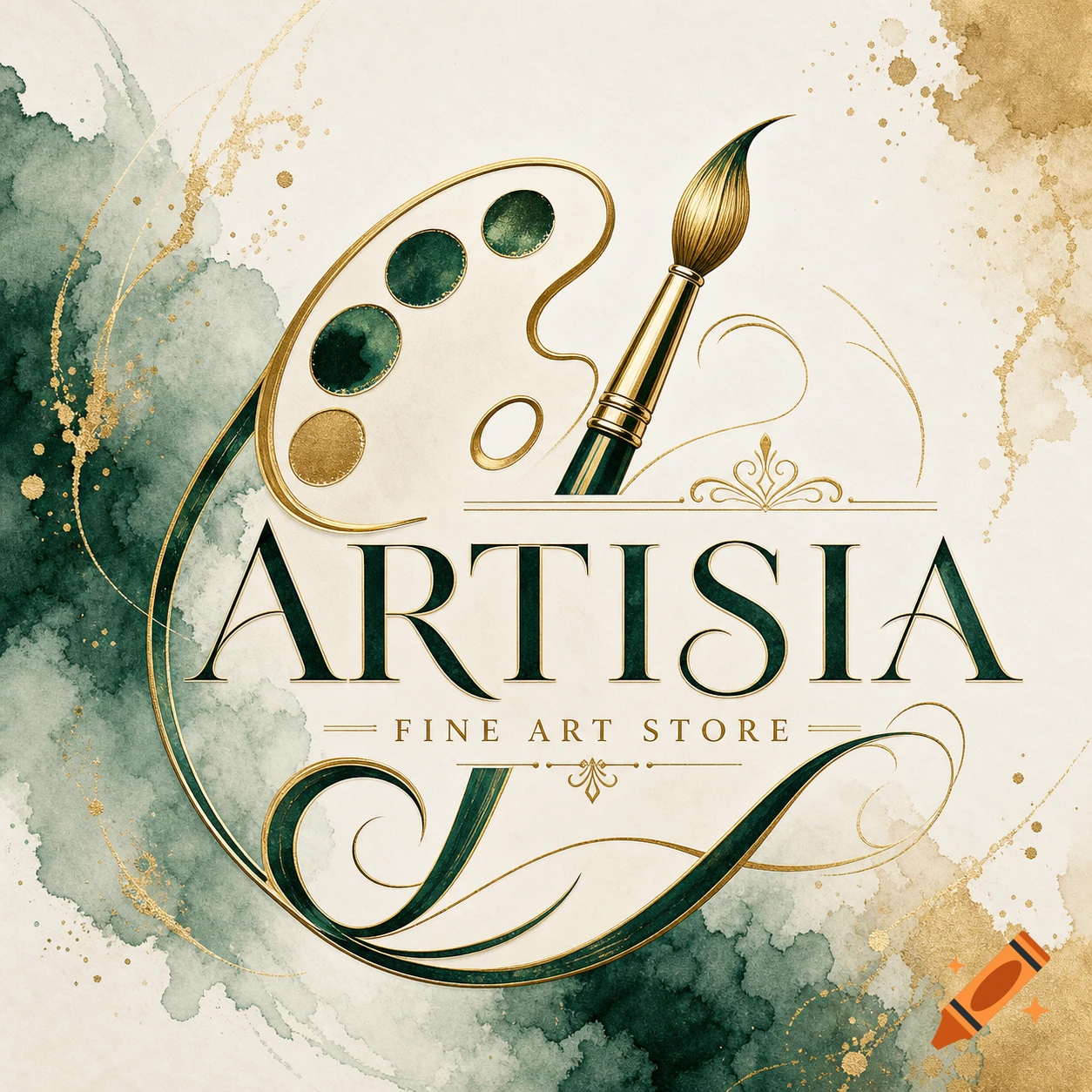 A gold and dark green Artisia Fine Art Store logo with a paintbrush, palette, and watercolor background.