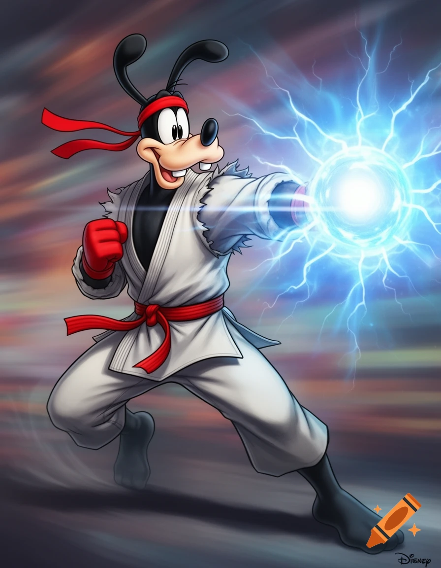 Goofy dressed as Ryu from Street Fighter, in a martial arts pose, conjuring a blue energy blast with his right hand.