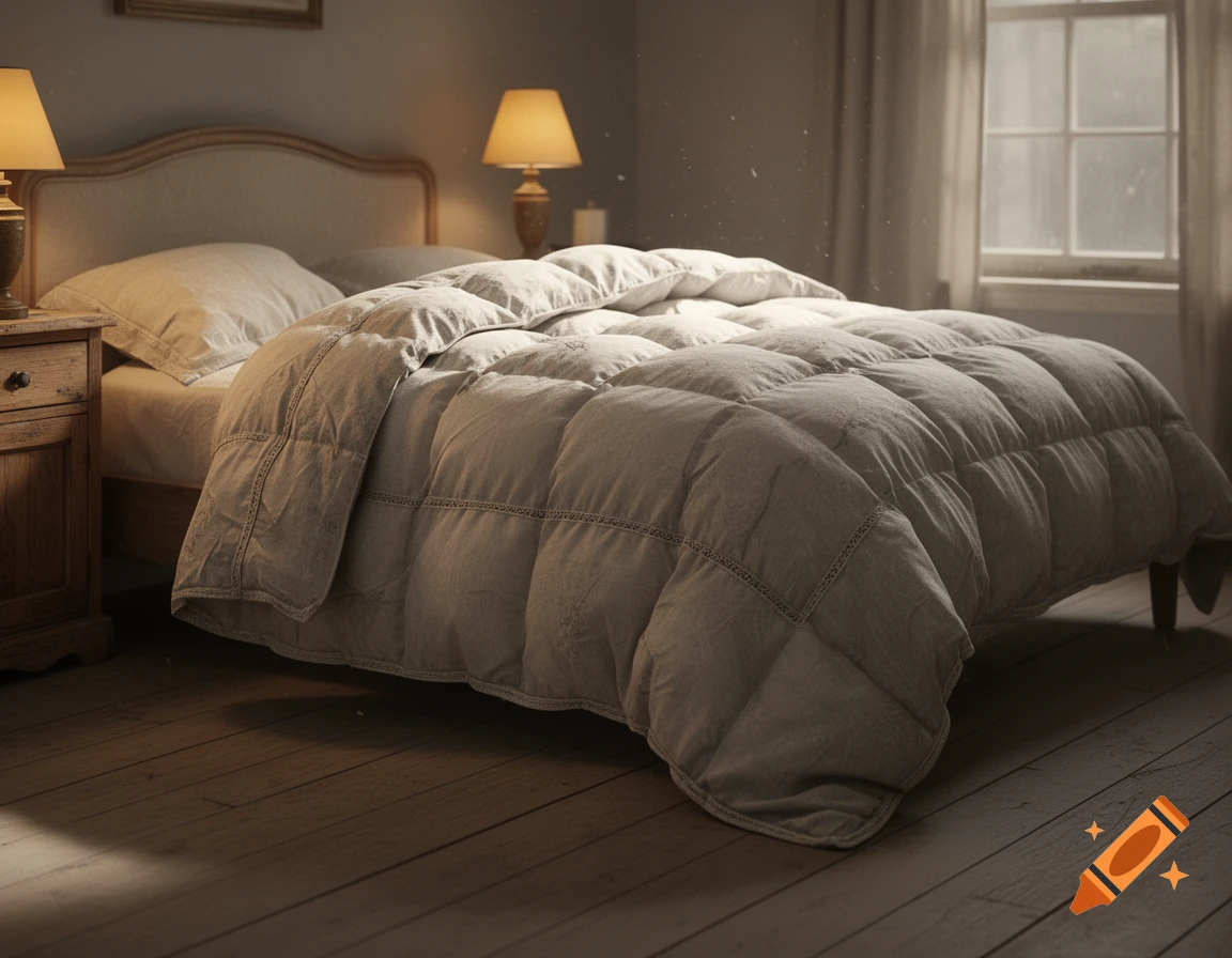 Cozy photorealistic bedroom with a bed, light comforter, two bedside lamps, and a sunlit window.