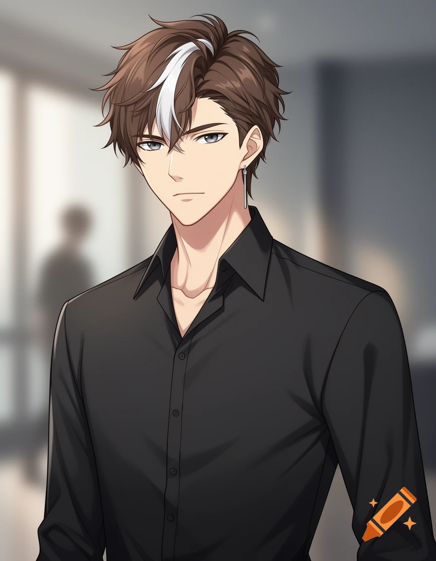 A young handsome anime man with messy brown hair and a white streak, grey-blue eyes, a sharp jawline, and a silver earring, wearing a black shirt.