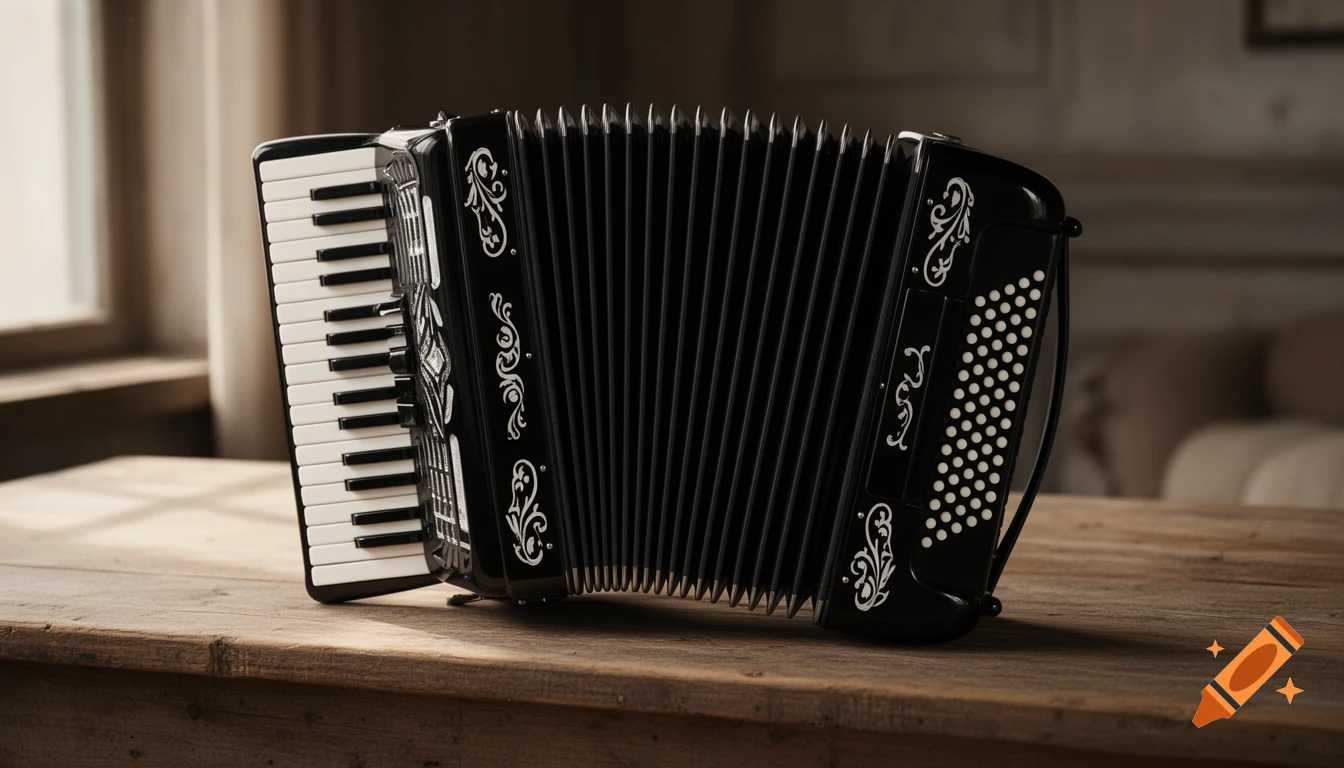 A black and white piano accordion rests on a rustic wooden table, bathed in soft window light.