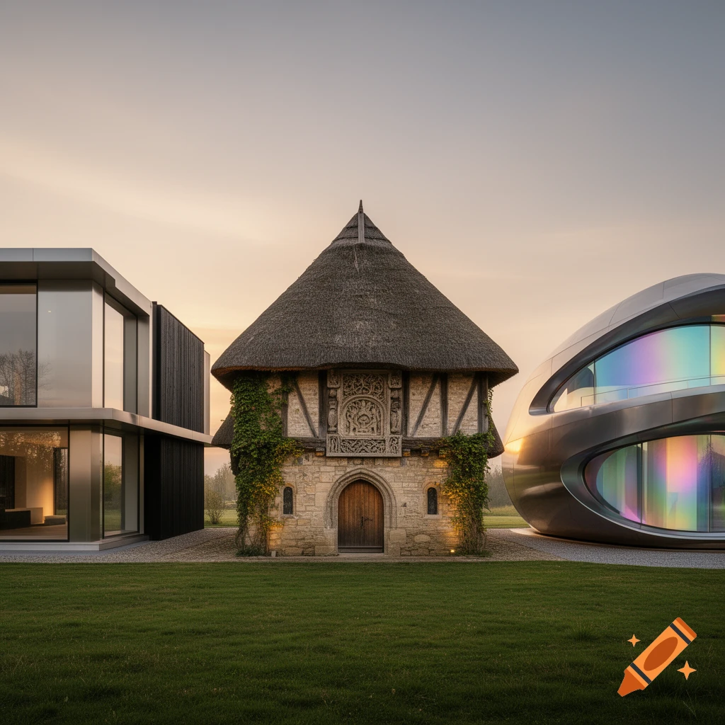 A modern glass building, a medieval thatched-roof house, and a futuristic metallic structure on a green lawn at sunset.