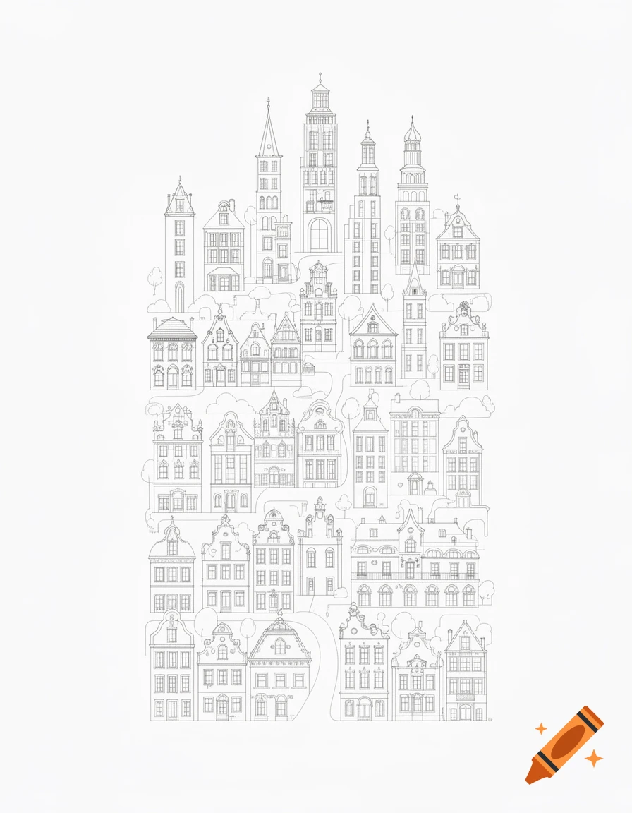 A line art illustration shows a dense cluster of unique outlined buildings forming a cityscape against a white background.