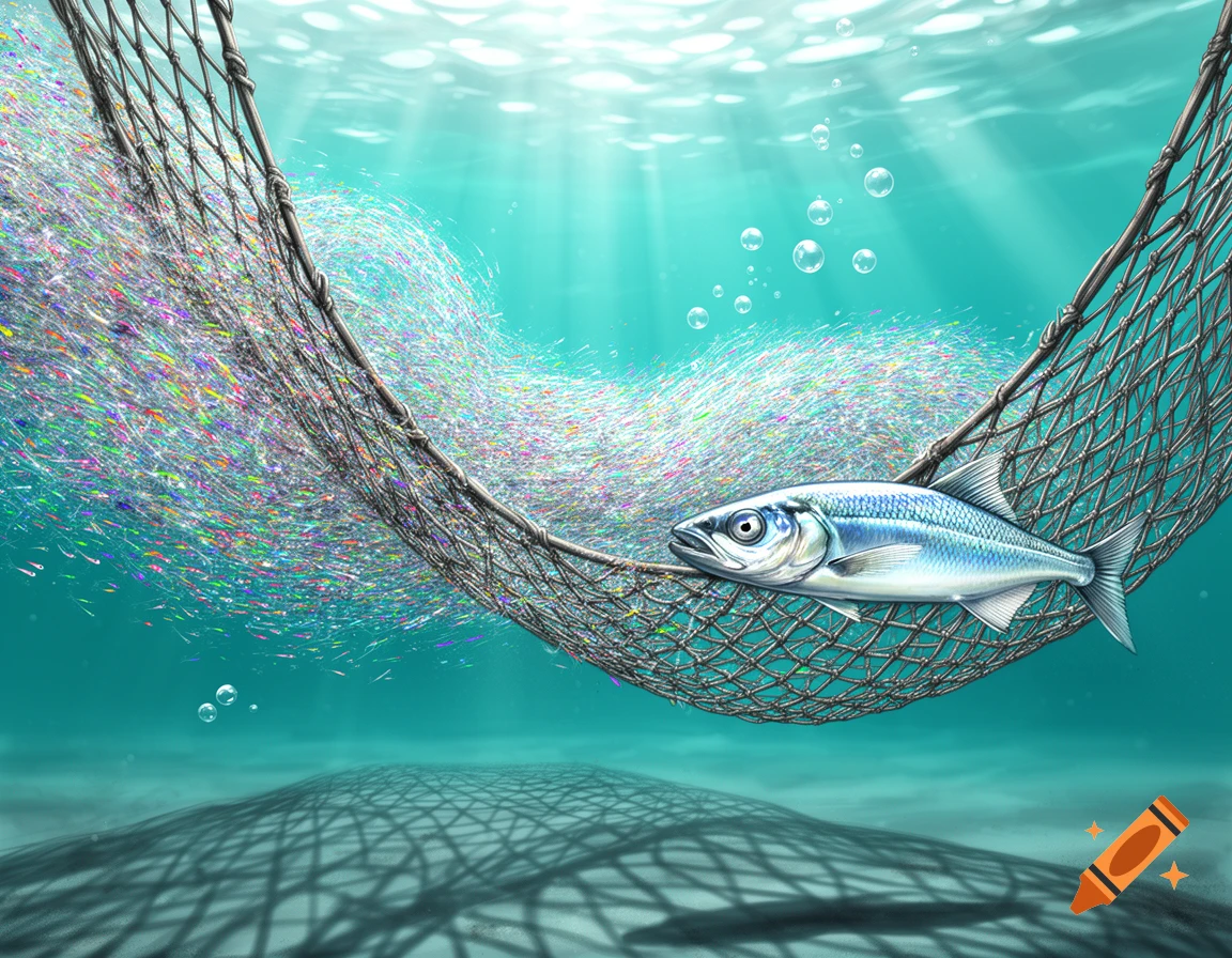 An animated illustration of a fish caught in a fishing net underwater, surrounded by a swirling mass of colorful krill.