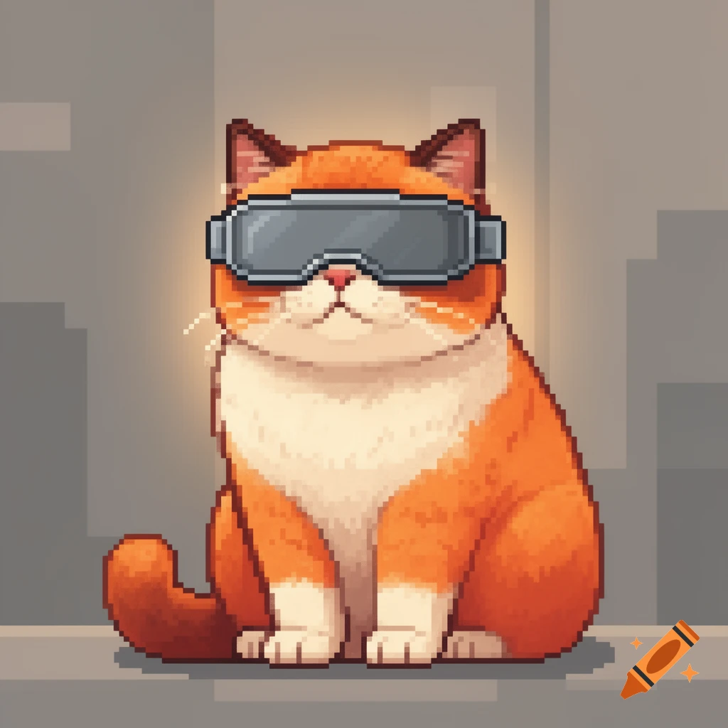 Cute pixel art of an orange and white cat wearing a grey visor, sitting against a pixelated background.