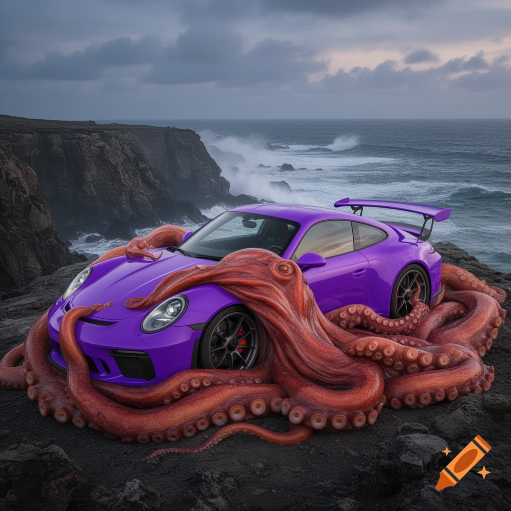 A purple Porsche sports car is engulfed by giant reddish-brown octopus tentacles on a rocky cliff overlooking a stormy ocean.