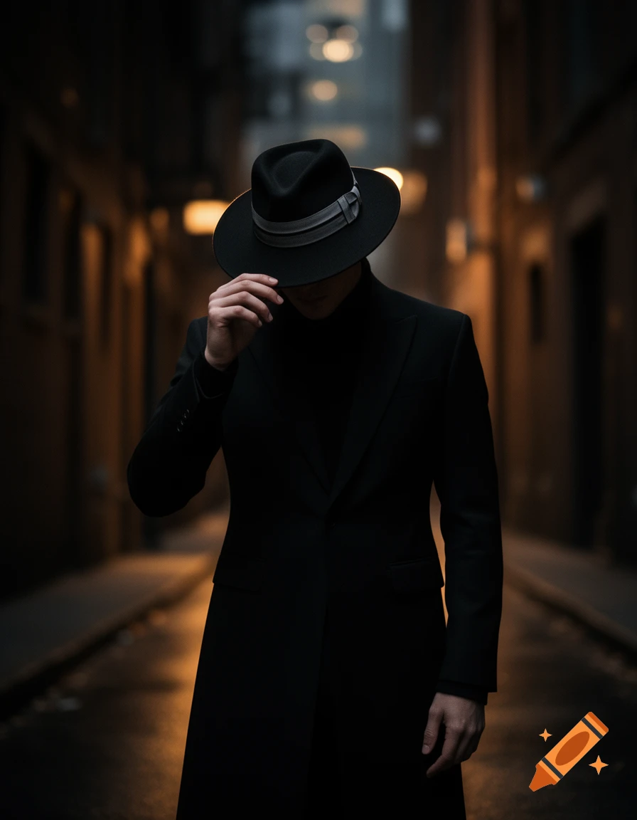 A mysterious figure in a black suit and fedora, covering their face with a hand, stands in a dark, dimly lit alley.