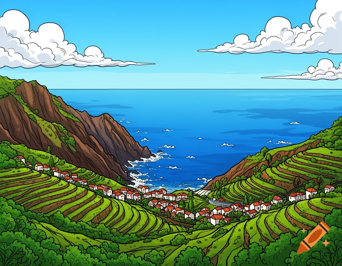 Comic art illustration of a village nestled in terraced green mountains overlooking the blue sea under a clear sky with clouds.