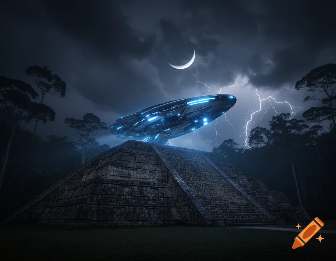 An alien spaceship with blue lights sits on a stone pyramid under a stormy night sky with lightning and a crescent moon.