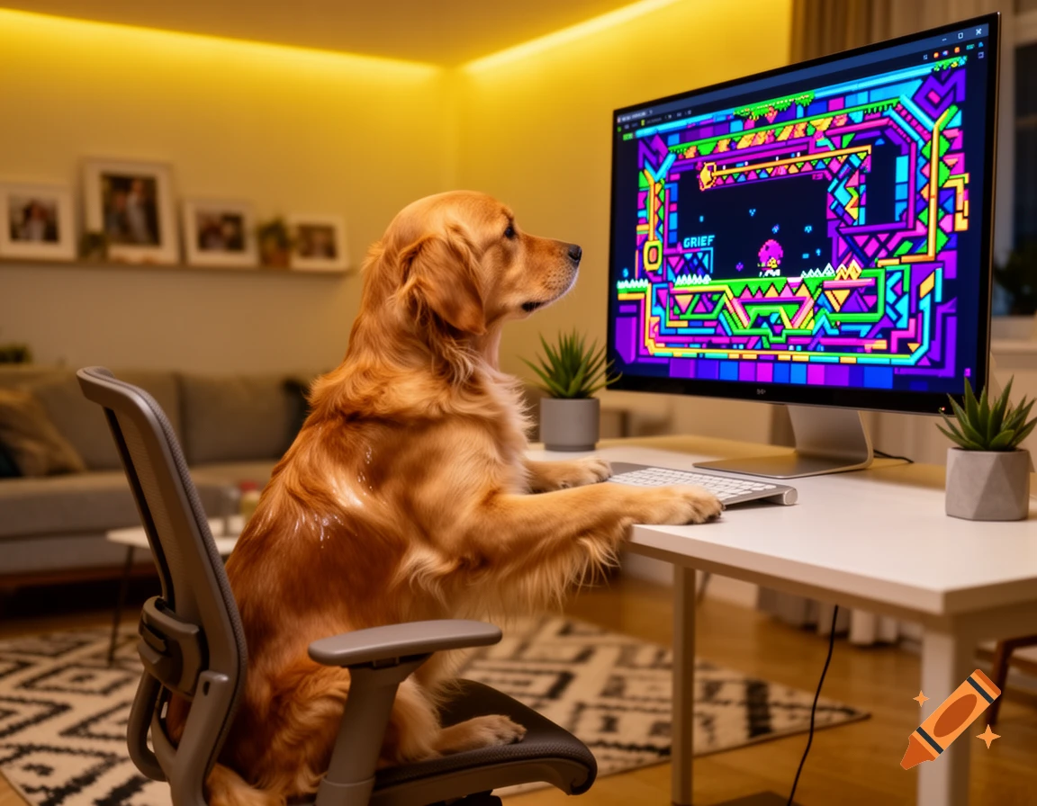 A golden retriever sits at a desk in a living room, intently looking at a computer monitor displaying a colorful, geometric video game with the word "GRIEF" visible.