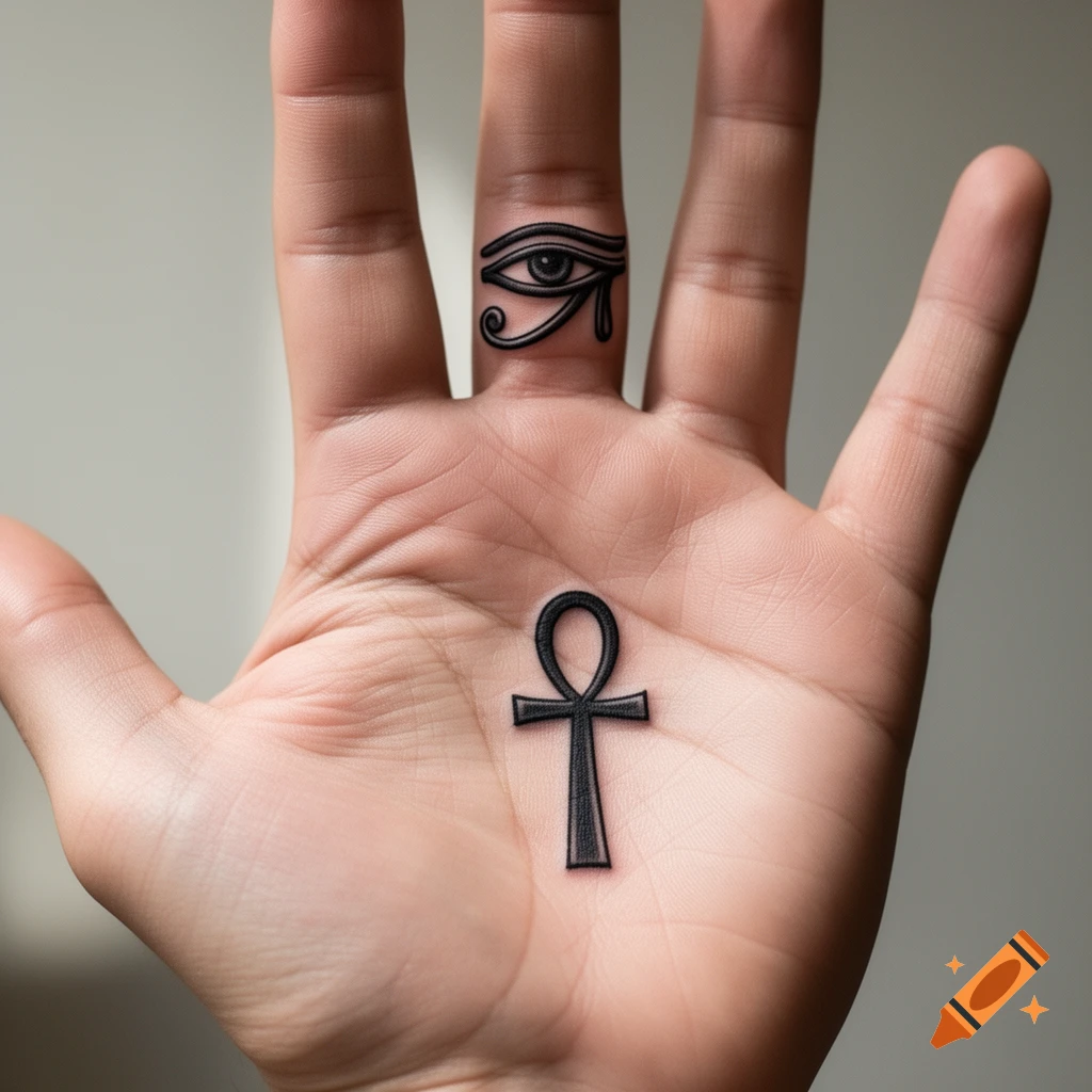 Close-up of a human hand with an Eye of Horus tattoo on the middle finger and an Ankh symbol tattoo on the palm.