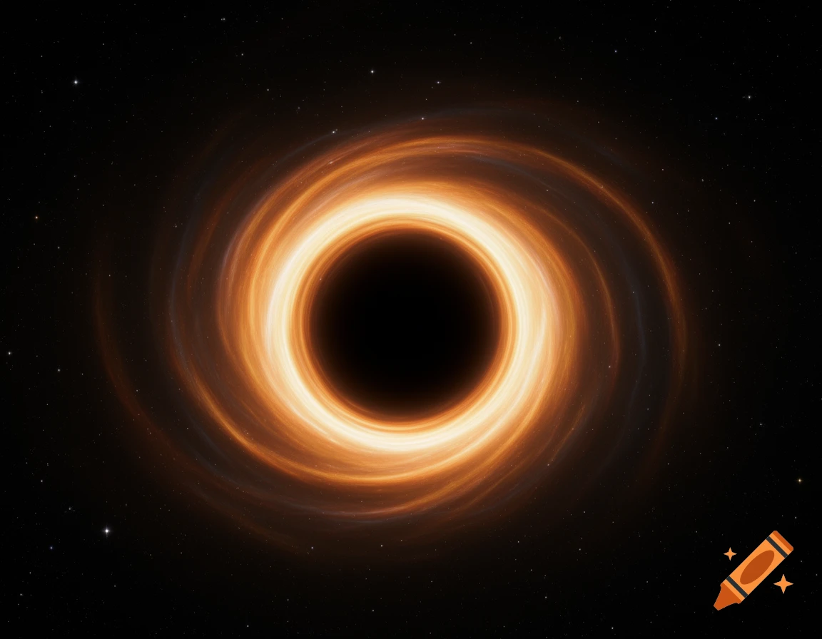 A luminous orange and yellow accretion disk swirls around a dark black hole, set against a backdrop of distant stars.