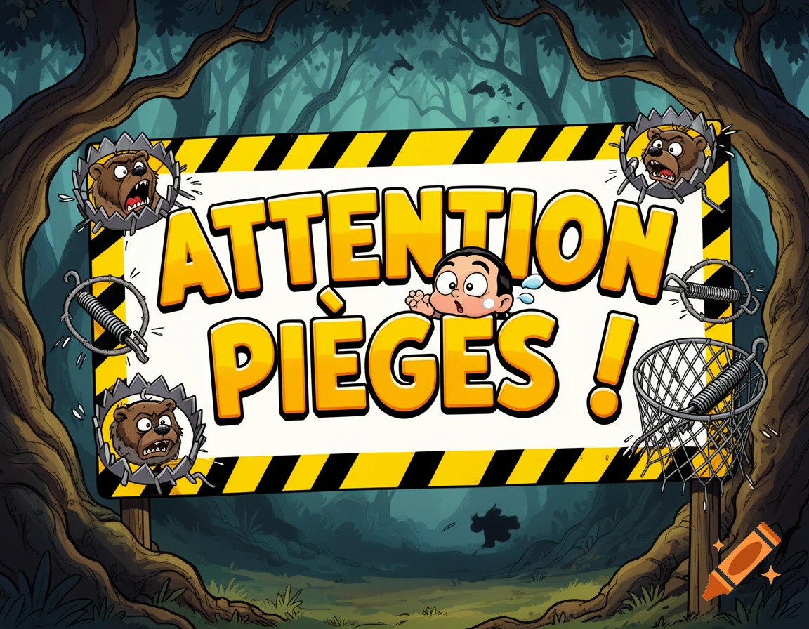 A cartoon warning sign in a forest with text 'ATTENTION PIÈGES!' and scared cartoon bears in traps, with a child peeking from behind.