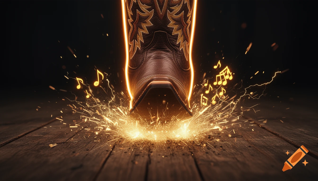 Close-up of a cowboy boot stomping on a wooden floor, creating golden sparks, electricity, and glowing musical notes. Photorealistic.