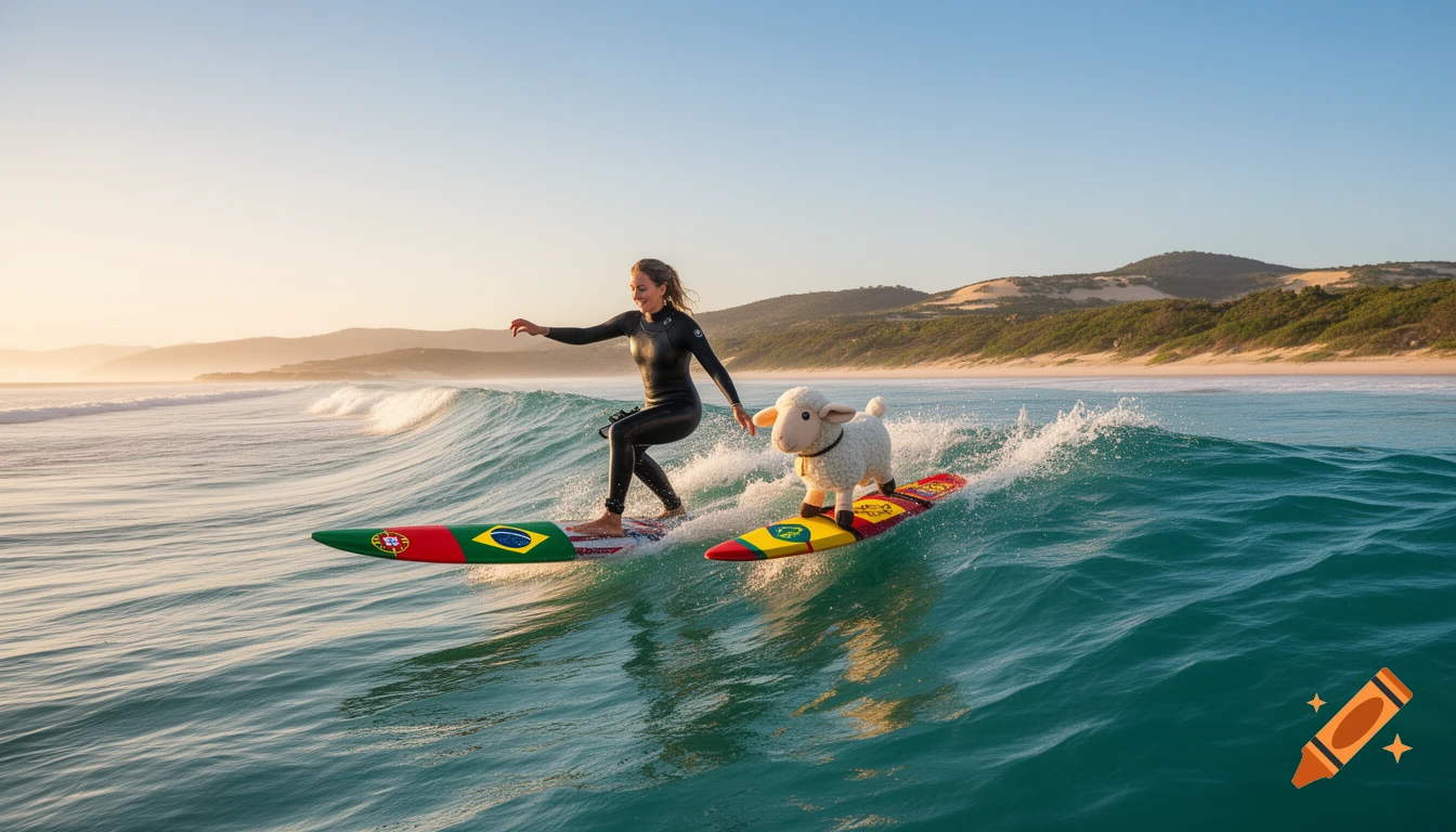 A woman in a wetsuit surfs a wave alongside a stuffed sheep on its own surfboard, with a beach and hills in the background at sunset.