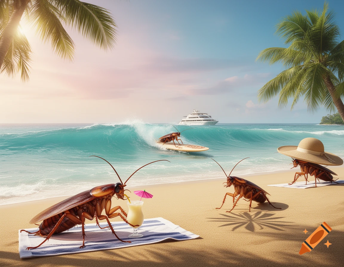 Giant cockroaches enjoy a tropical beach, one surfing a wave, another relaxing with a drink, and a third with a straw hat.