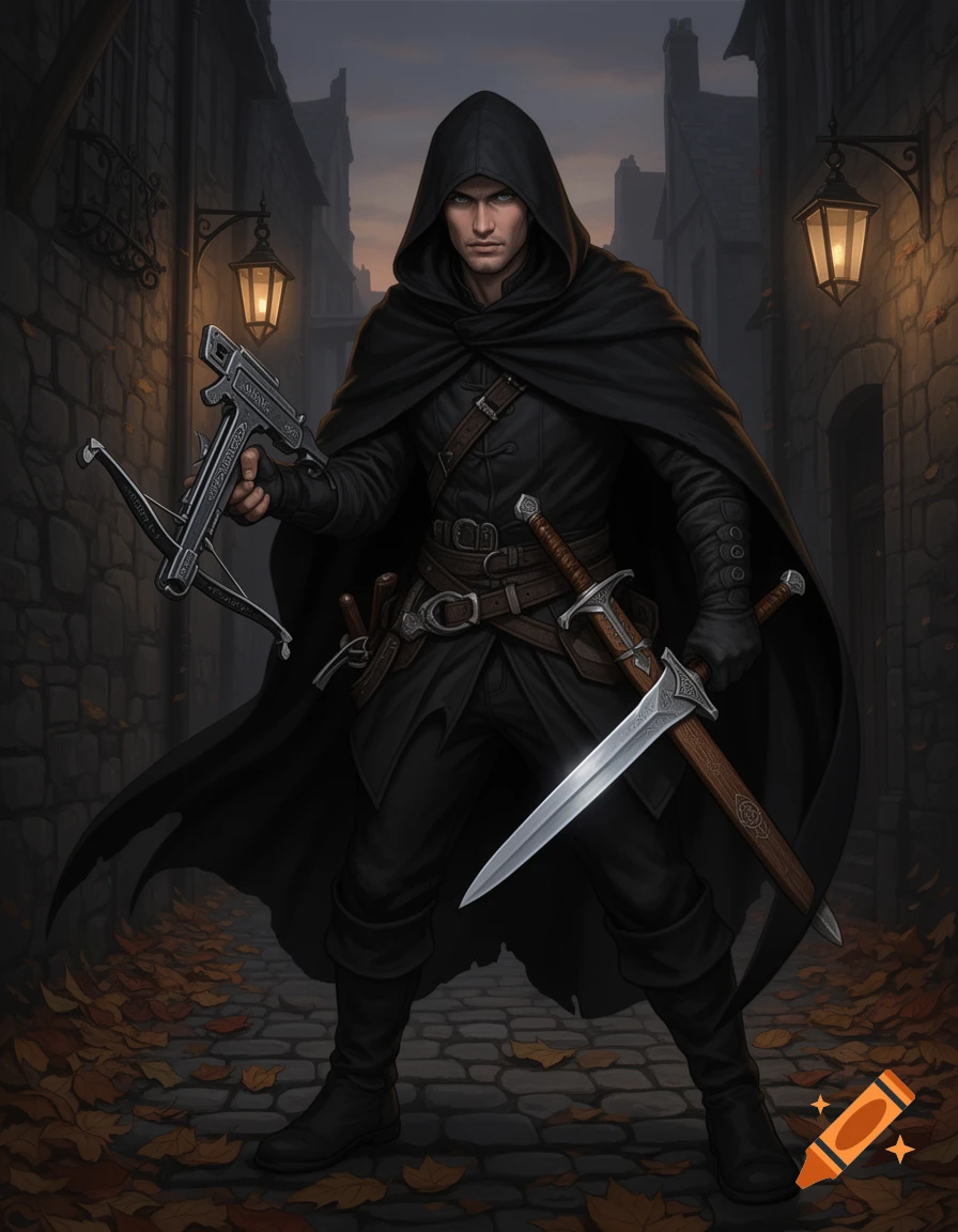 A male rogue in a black hooded cloak stands on a dark, cobbled street, holding a hand crossbow and a shortsword, with lanterns glowing.