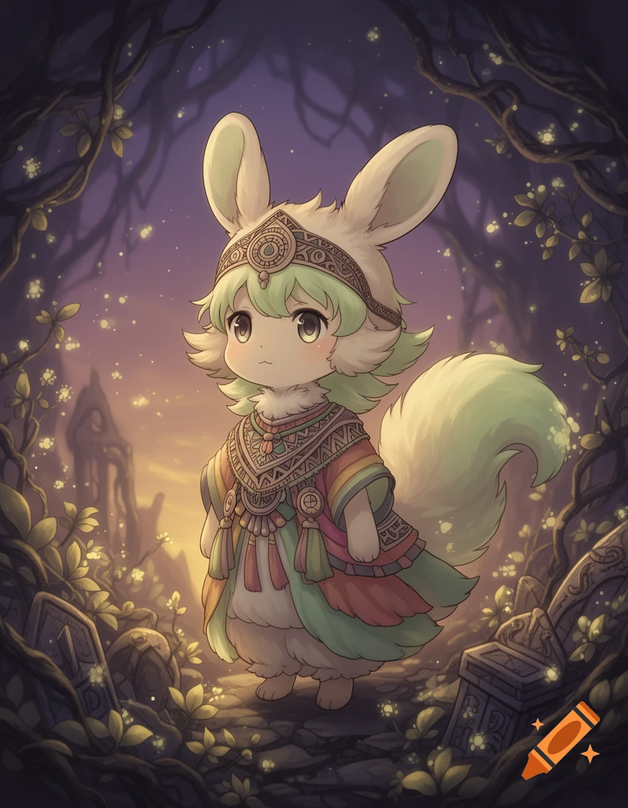 A cute anime-style creature with bunny ears, green hair, and a fluffy tail, wearing a colorful, patterned outfit, stands in a glowing forest with ruins.
