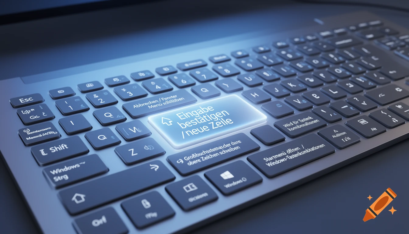 Close-up of a laptop keyboard with a glowing blue Enter key. Some keys have legible German text, while others show garbled characters.