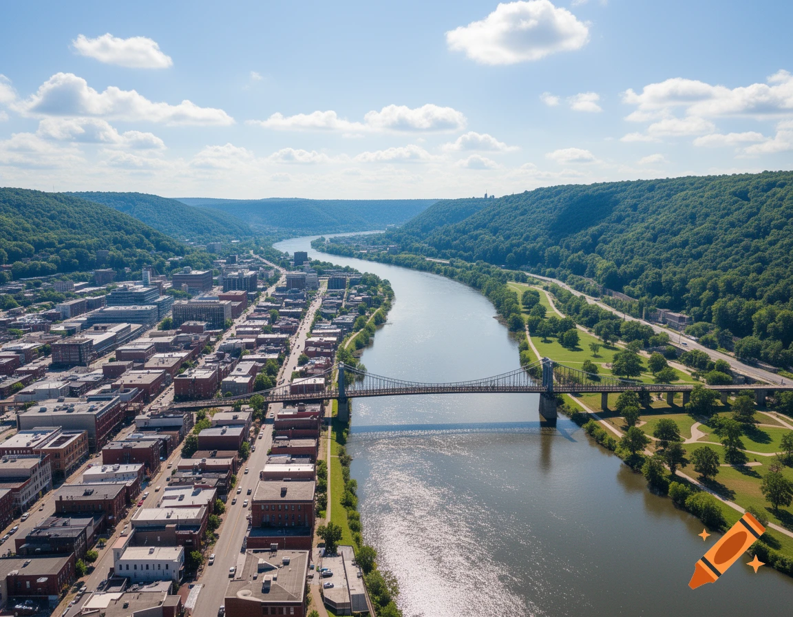 Aerial view of a city along a wide river, with a bridge, surrounded by green, forested hills under a partly cloudy sky.