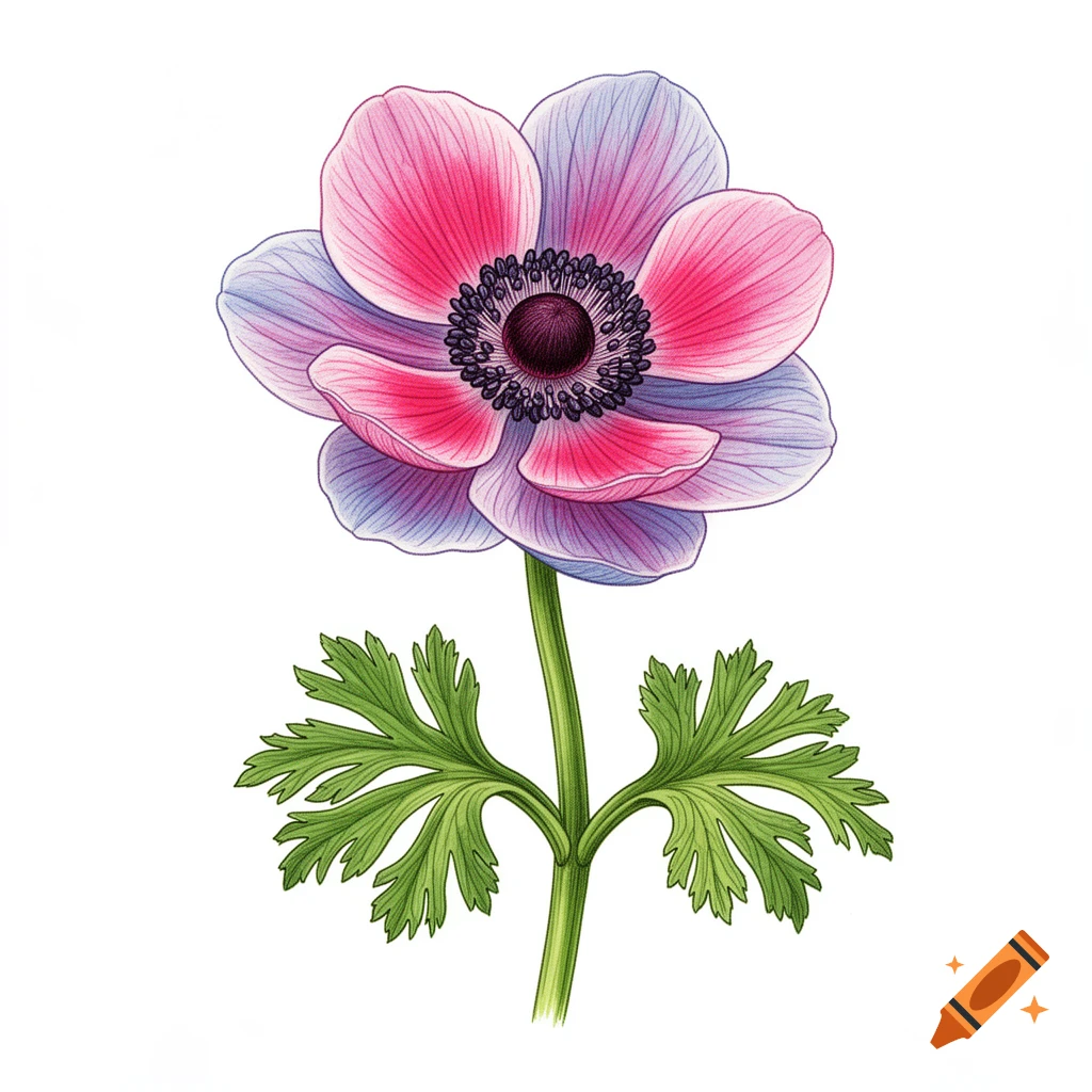 A detailed botanical illustration of a pink and purple anemone flower with green leaves, isolated on a white background.