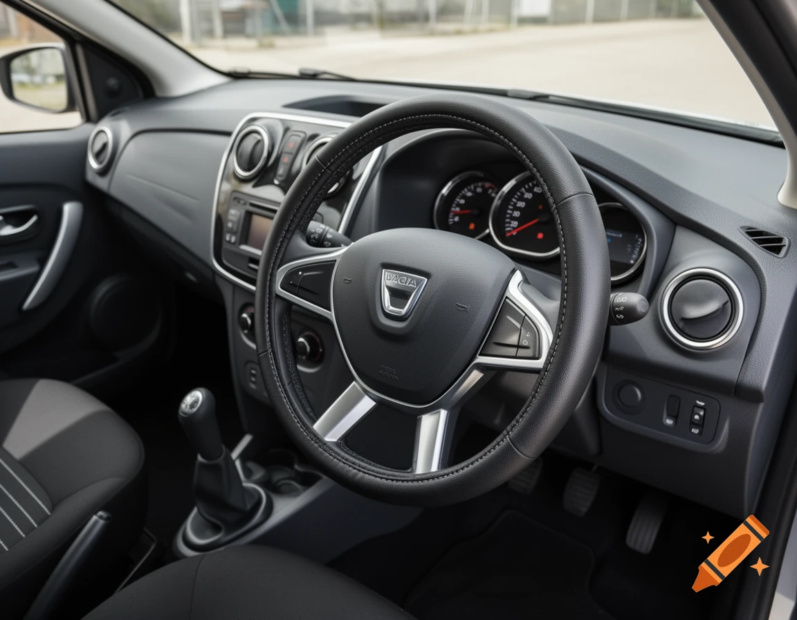 Interior view of a modern Dacia Sandero car, showing the dashboard, steering wheel with a black faux leather cover, and gear stick.