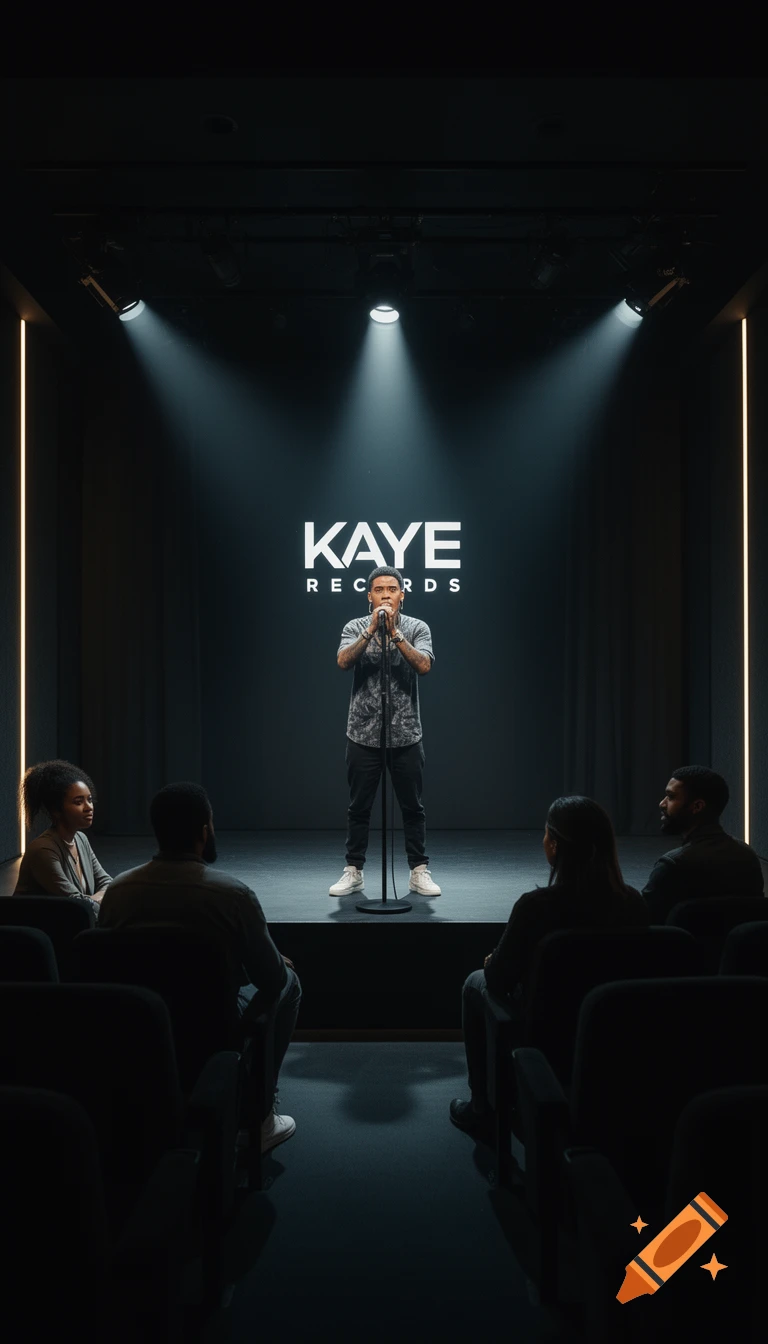 Photorealistic image of a rap artist performing on a stage under spotlights, in front of an audience, with 'KAYE RECORDS' logo on the back wall.