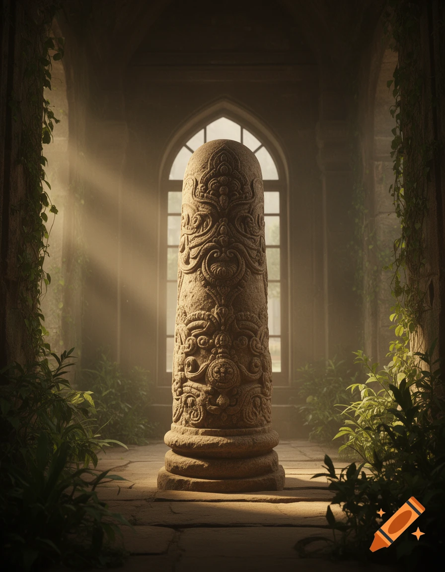 A tall, intricately carved stone pillar stands in an ancient, overgrown ruin, illuminated by sunbeams through a large arched window.