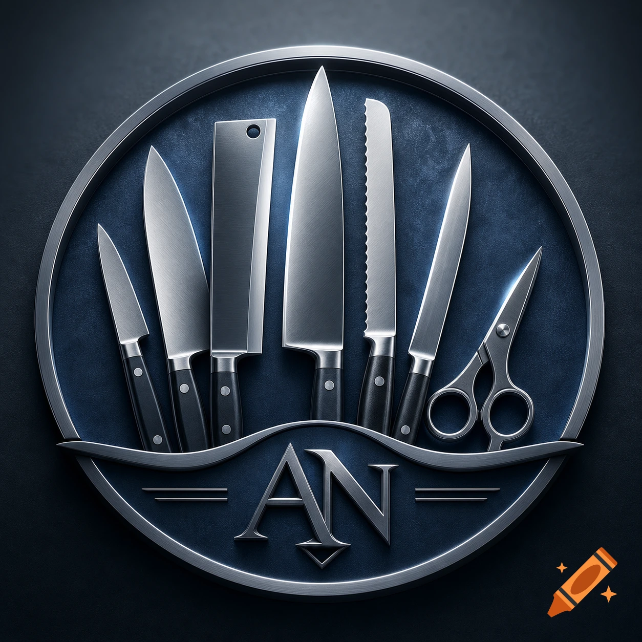 A 3D metallic logo with a circular frame, featuring various kitchen knives and scissors, with the initials AN at the bottom.