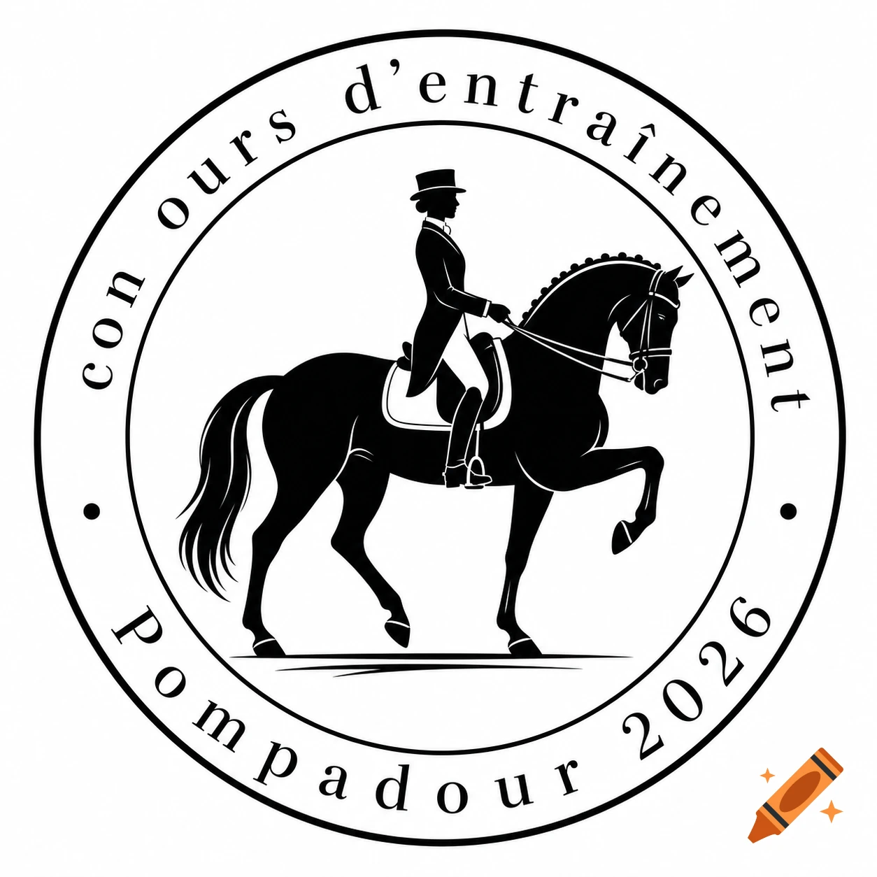 Black and white logo of a horse and rider in a dressage pose, encircled by the text 'con ours d éntraînement Pompadour 2026'.