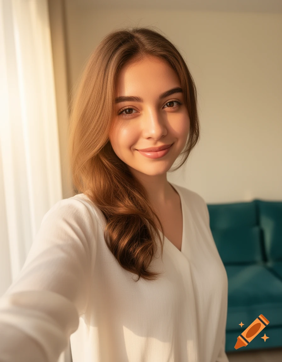 A close-up selfie of a smiling young woman with long brown hair, wearing a white shirt, illuminated by warm sunlight indoors.