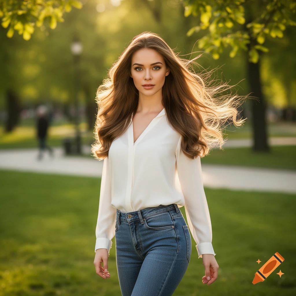 Photorealistic portrait of a young woman with long brown hair, wearing a white blouse and jeans, standing in a sunny park.