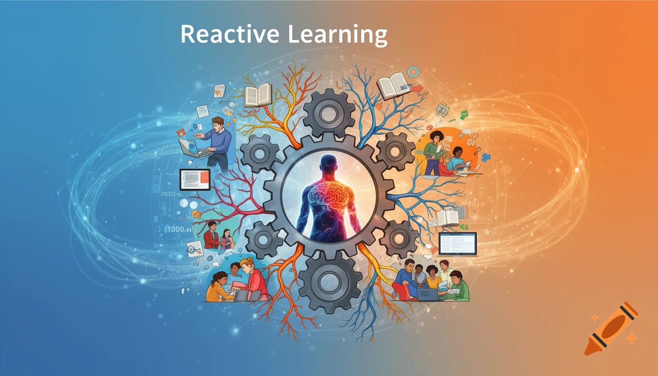 A conceptual illustration of 'Reactive Learning' with a human brain at the center, surrounded by gears and interconnected scenes of people learning and using technology.