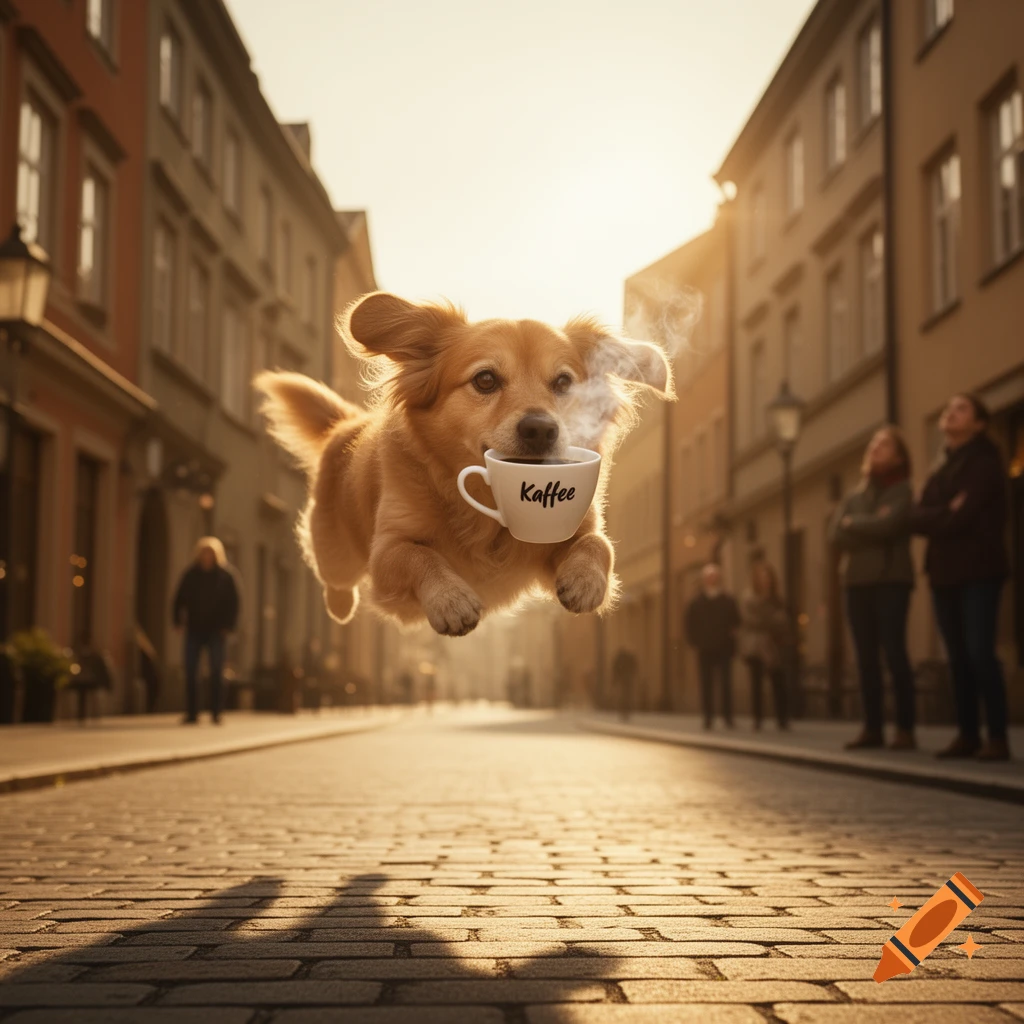 A photorealistic image of a golden-brown dog flying down a cobblestone street, holding a steaming coffee cup with "Kaffee" written on it. Buildings line the street under a bright sky.